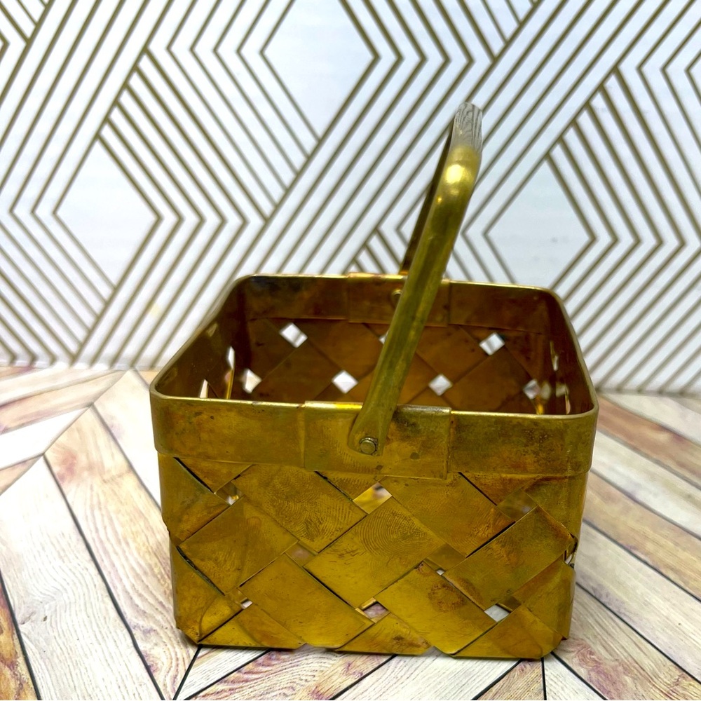 Brass Basket Woven Handle Boho Style Trinket Dish Square Eclectic‎ D14